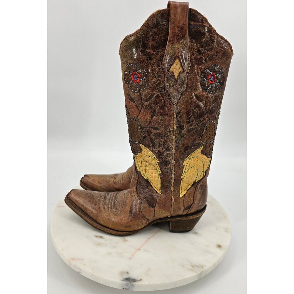 Corral Vintage Cognac Crater Daisy Inlay Cowboy Boots - Picture 3 of 9